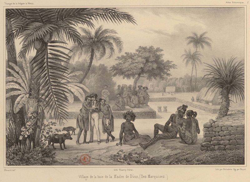 Village de la baie de la Madre de Dios. (Îles Marquises.)